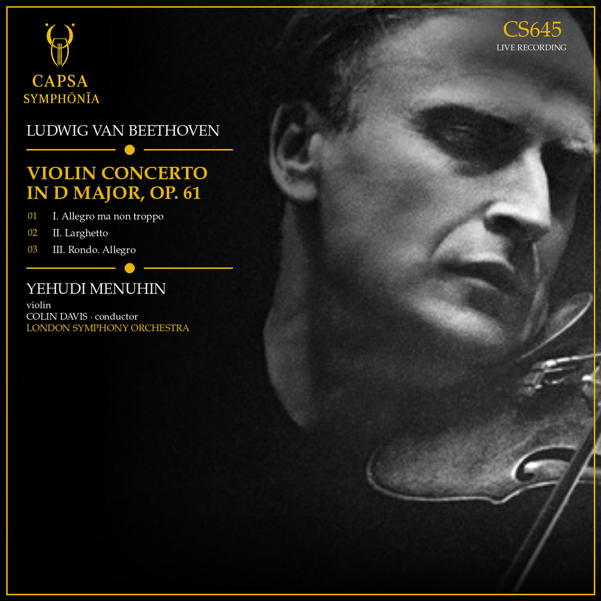 Inlay with tracklist and credits for Capsa Symphōnĭa CS645: Beethoven Violin Concerto, Yehudi Menuhin, Colin Davis and London Symphony Orchestra