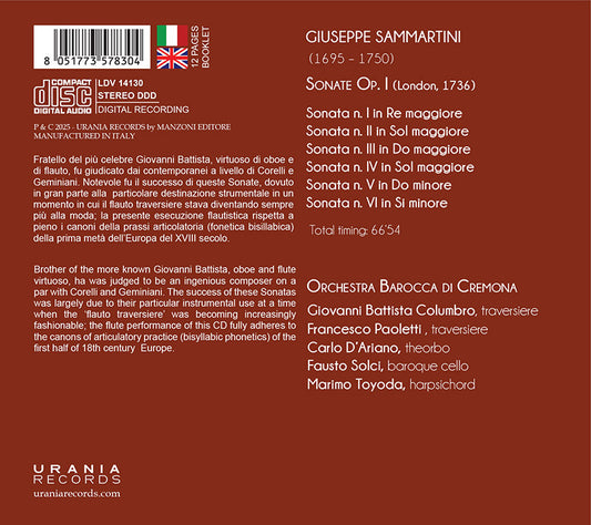 Giuseppe Sammartini – Sonate a due flauti traversi col loro basso, Op. I – Urania Records LDV 14130, retro CD
