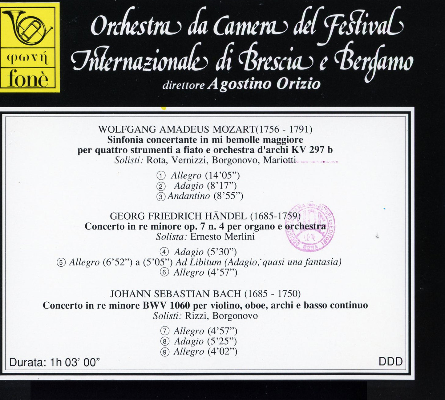 MOZART, HANDEL, BACH | Orchestra da Camera del Festival Internazionale di Brescia e Bergamo, Orizio