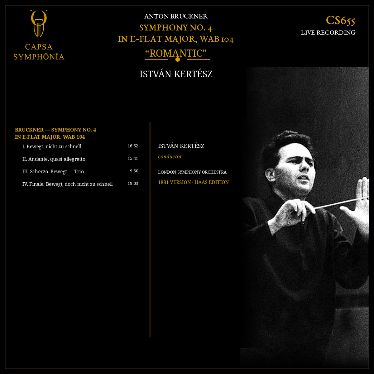 Bruckner Symphony No. 4 Romantic tracklist — István Kertész, London Symphony Orchestra — Capsa Symphōnĭa CS655 inlay